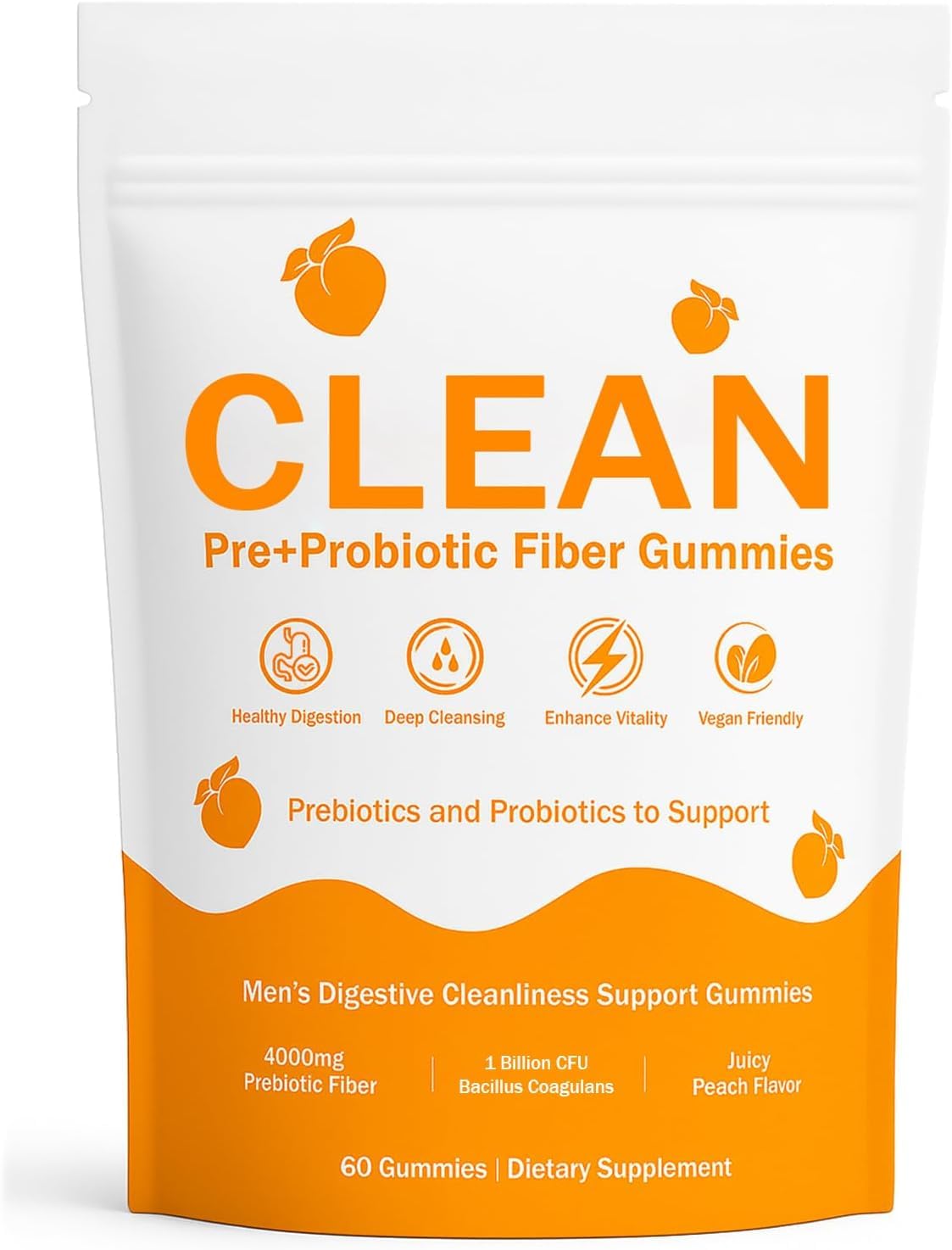 VCFBBG Clean Prebiotic Fiber Gummies for Men, Peach Flavor, Sugar-Free Pre+Probiotic Fiber Gummies, Gut Health & Digestive Support, 4 Gummies