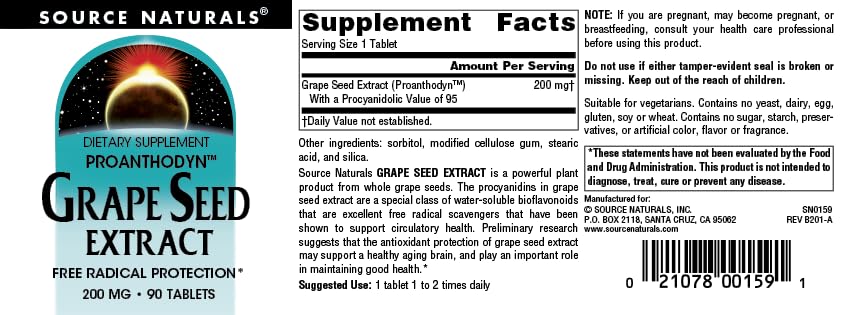 Source Naturals Grape Seed Extract Proanthodyn Antioxidant Protection & Supports Healthy Aging Brain 200 mg - 90 Tablets