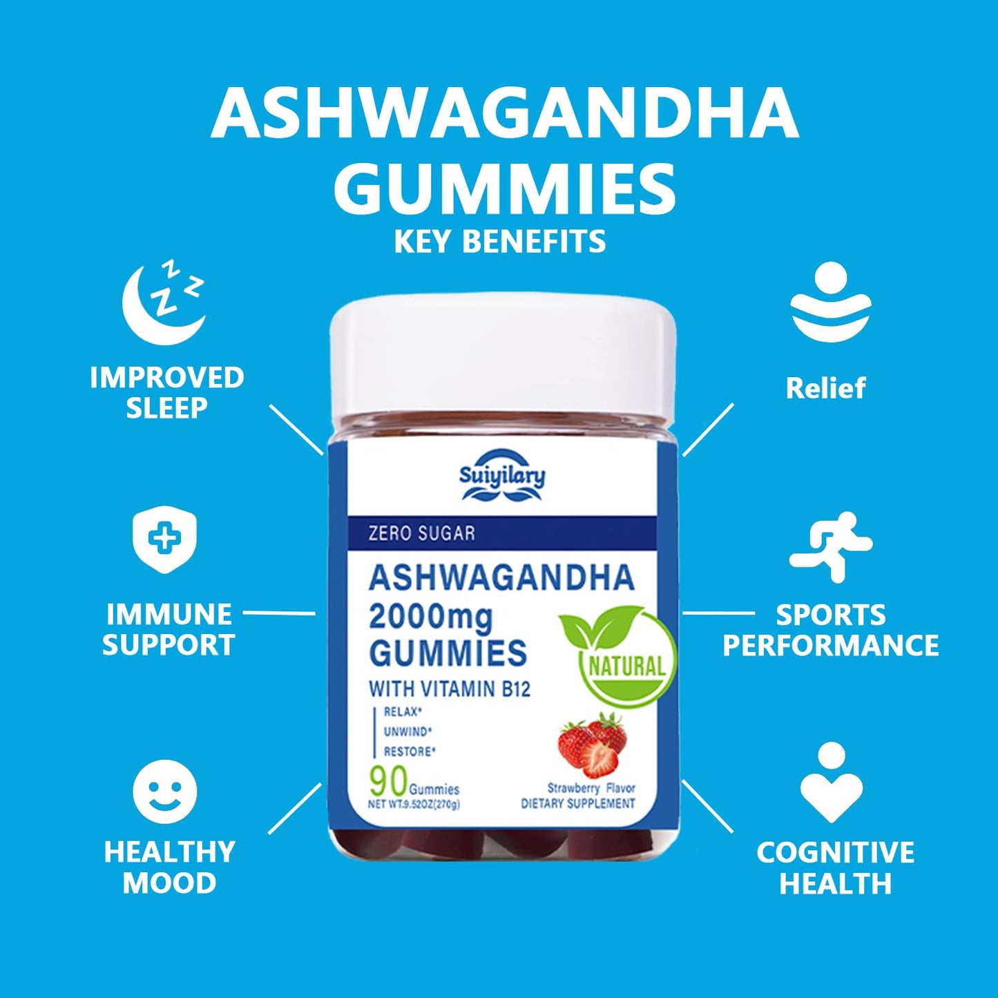 Suiyilary Ashwagandha High Strength Root Extract with Vitamin B12 Gummies 180 Gummies