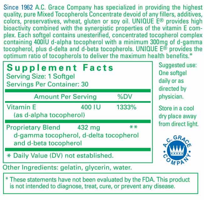UNIQUE E Mixed Tocopherols Concentrate Softgels 30 Count
