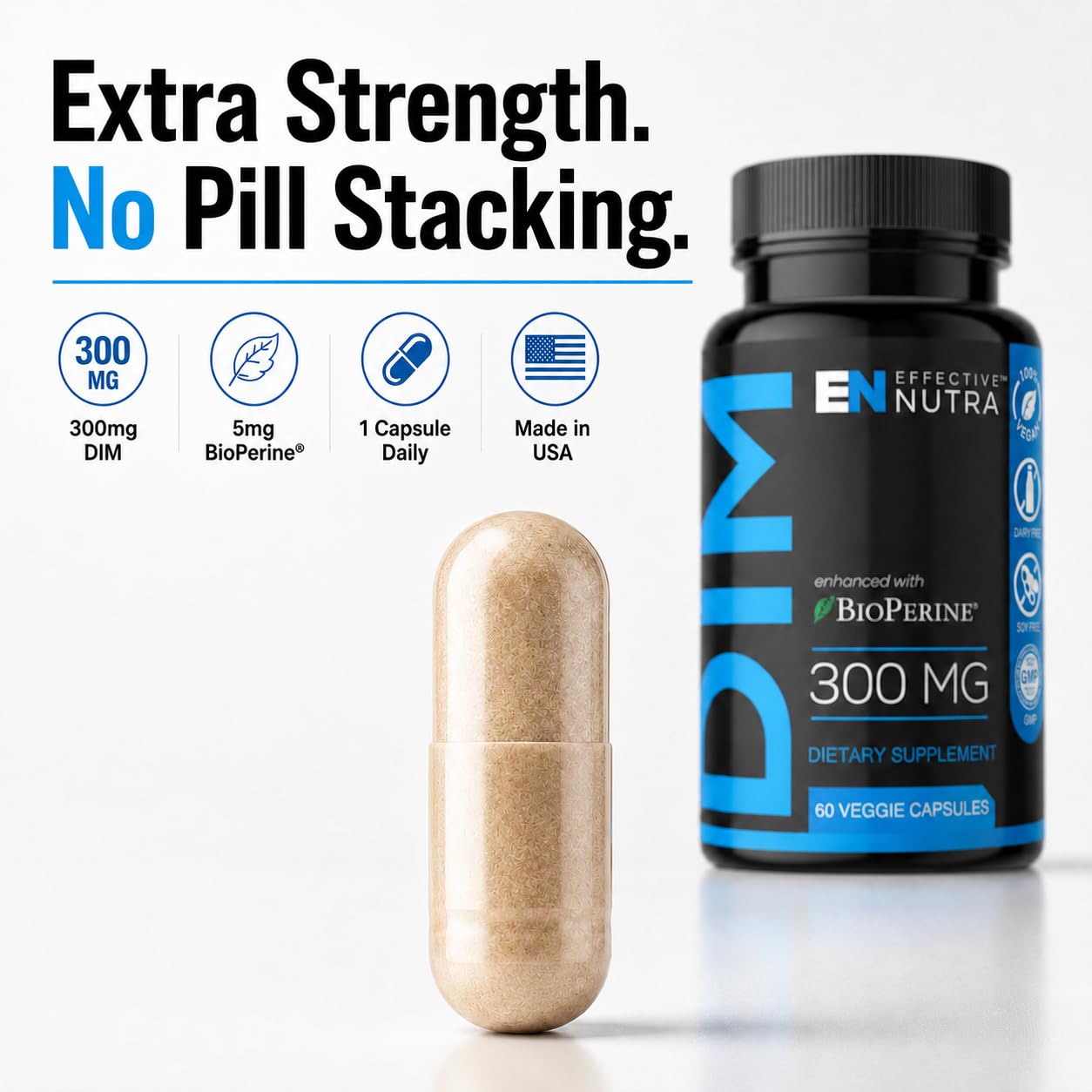 Effective Nutra DIM Supplement 300mg + BioPerine, Extra Strength Estrogen Blocker for Men & Hormone Balance for Women - Diindolylmethane, 60 Capsules