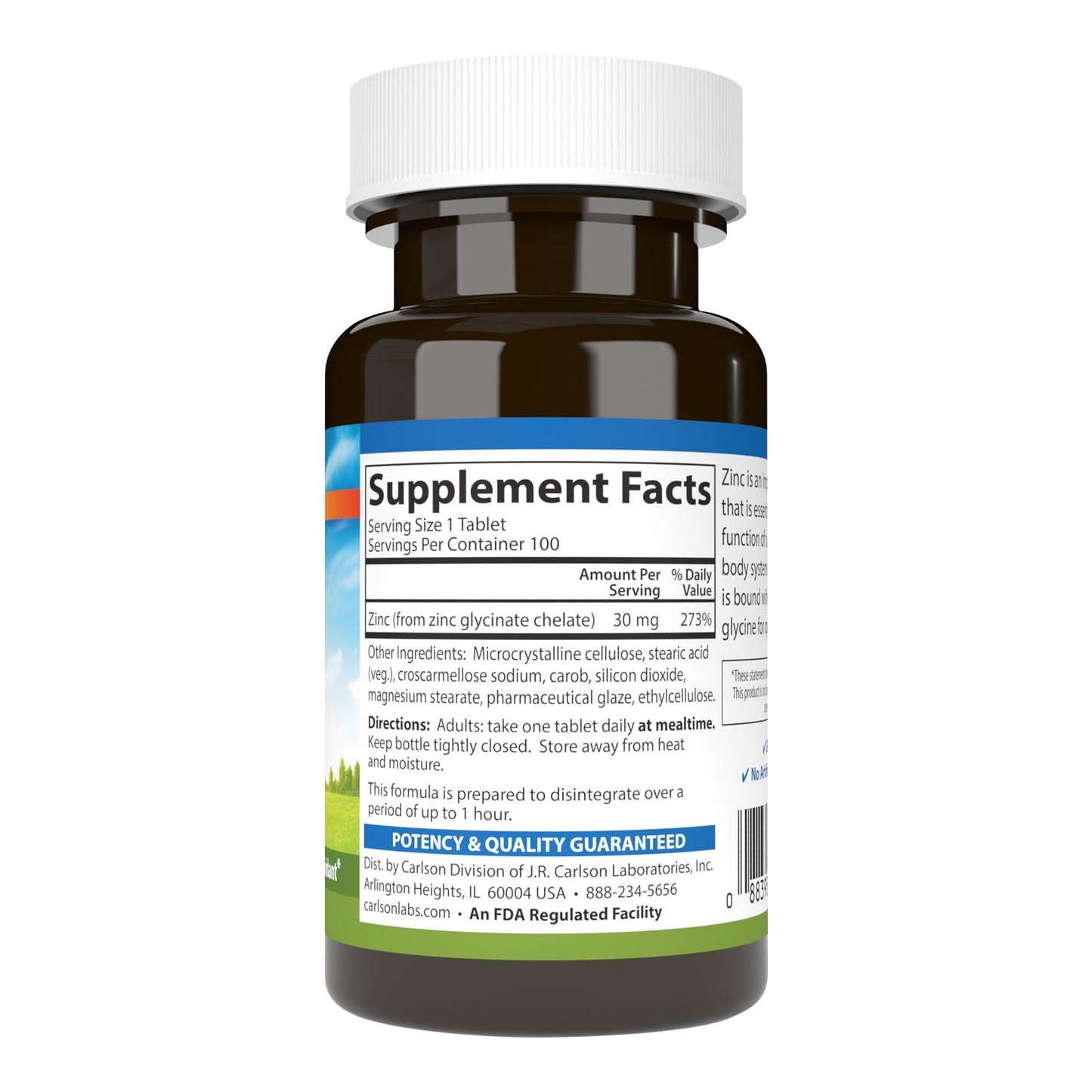 Carlson Chelated Zinc 30 mg, 100 Tablets