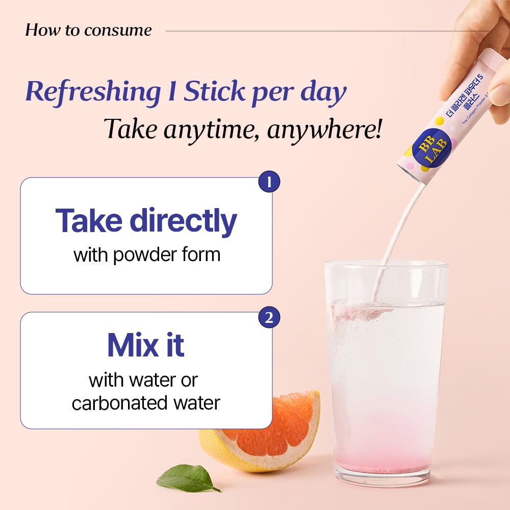 BB LAB Collagen Powder S Plus Halal, Low Molecular Korean Collagen Powder Stick Supplement, Marine, Fish Collagen Peptides, Vitamin C, Glycine, Fast Absorption, Grapefruit Flavor, 2.1 Ounce