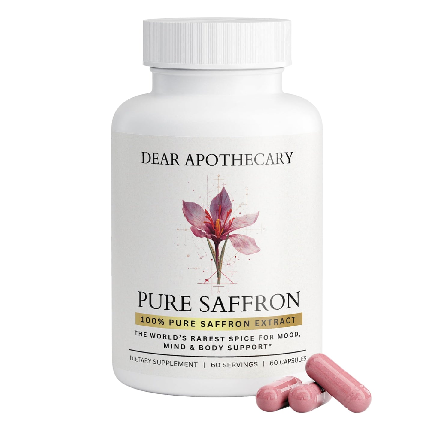Dear Apothecary Pure Saffron Extract Capsules - Crocus Sativus Herbal Supplement - Vegan Non-GMO - 60 Capsules