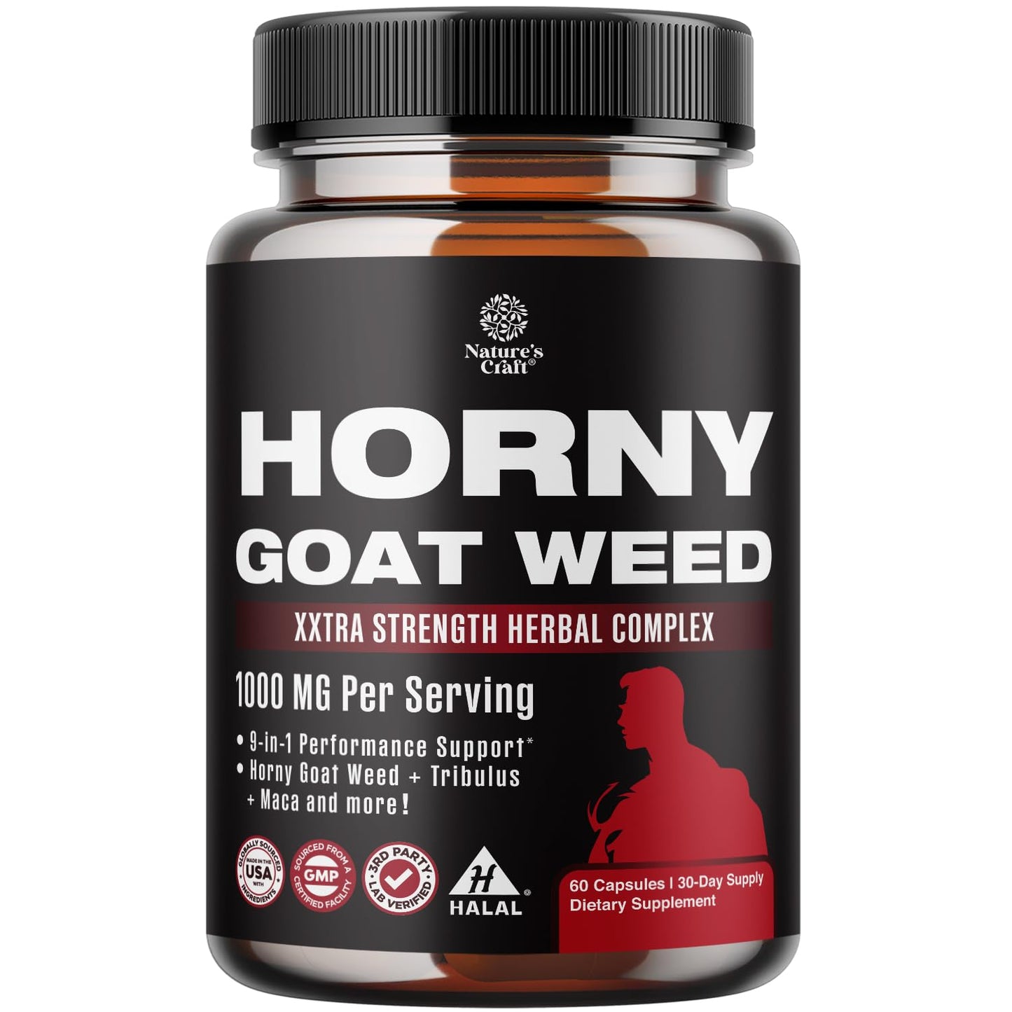 Natures Craft Horny Goat Weed for Men - Extra Strength Male Supplement with Black Maca Root, Tongkat Ali, Saw Palmetto & Panax Ginseng Extract for Stamina & Energy - Capsule, 60 Count