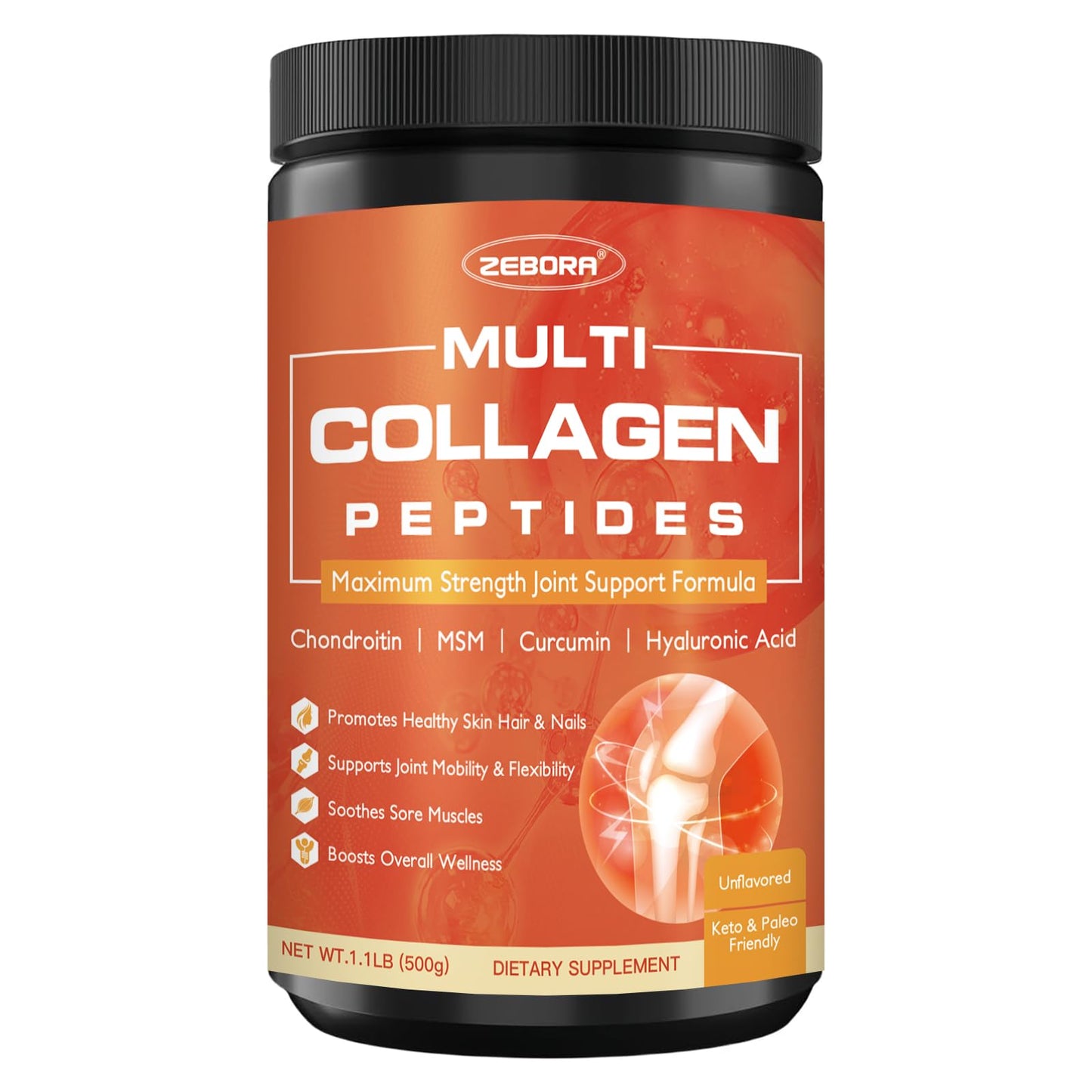 ZEBORA Multi Collagen Peptides Powder with MSM & CS, 1.1 Ounce
