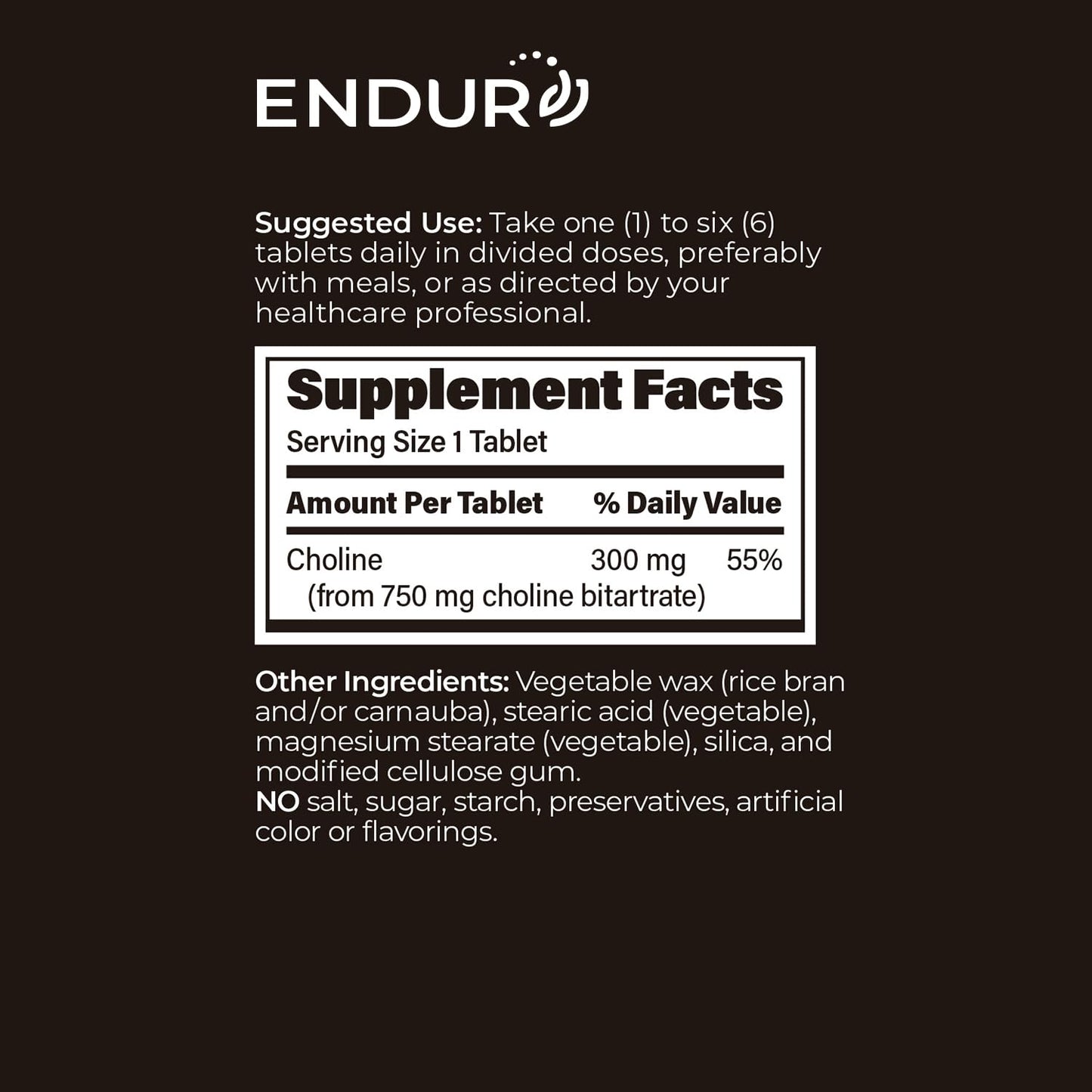 Endurance Products Choline L(+) Bitartrate SR 300 mg Tablets, 60 Count