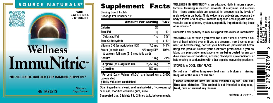Source Naturals Wellness Immunitric Nitric Oxide Builder for Immune System Support with L-Arginine & L-Citrulline Tablets, 45 Count