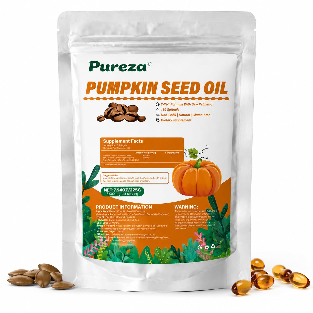 Pureza 2-in-1 Pumpkin Seed Oil Capsules 3000mg with Saw Palmetto Softgels, Plant-Based Formula, Supports Hair Growth, Hormonal Balance, Bladder Comfort & Restful Sleep, 2 Capsules