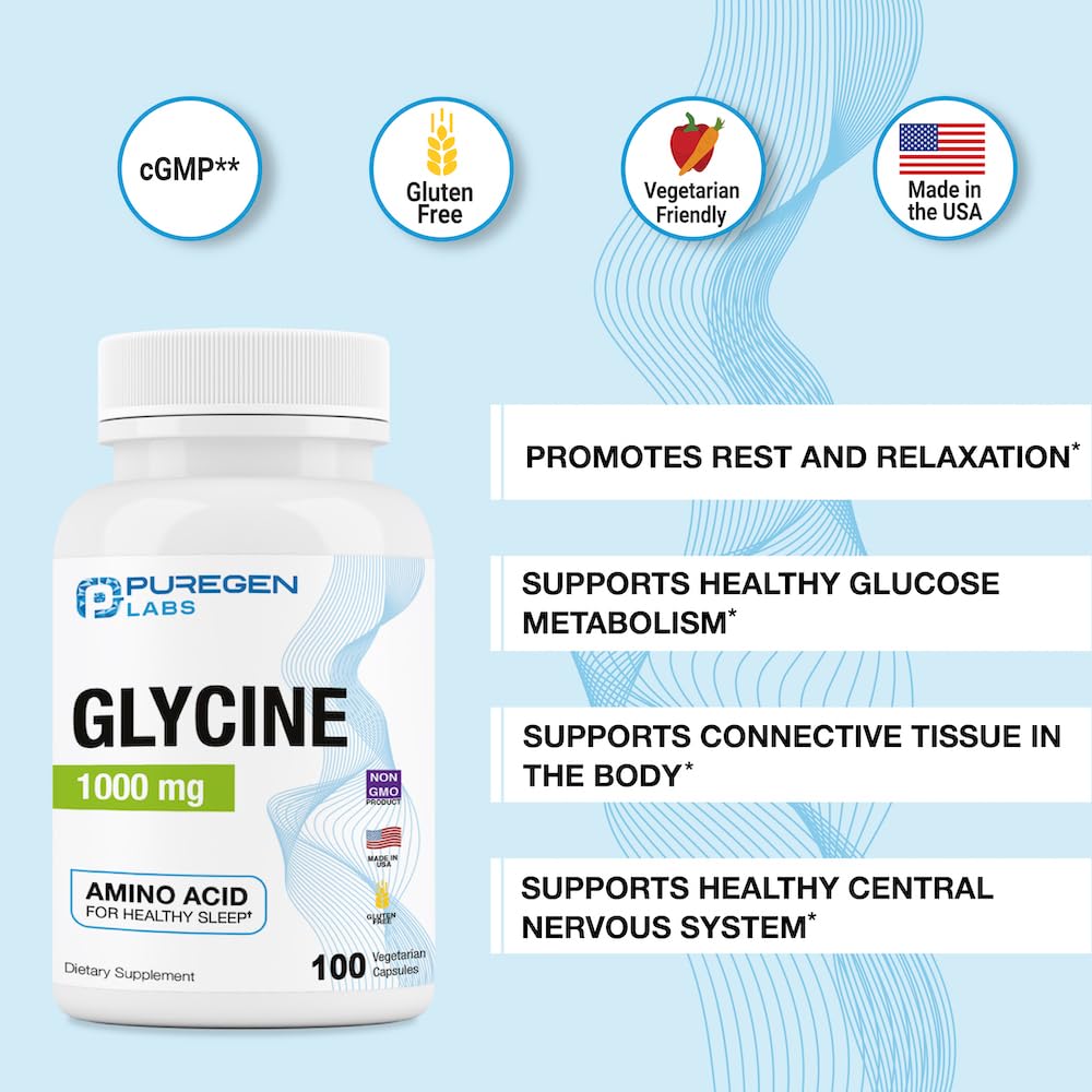 Puregen Labs Glycine 1000mg [High Potency] Total 300 Vegetarian Capsules, Promotes Healthy Rest | No Harmful Additives | Non-GMO, NO Gluten and Dairy | Made in USA