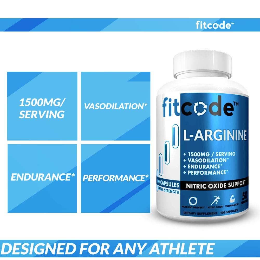 fitcode L-Arginine HCl 1500mg Capsules, 100 Count