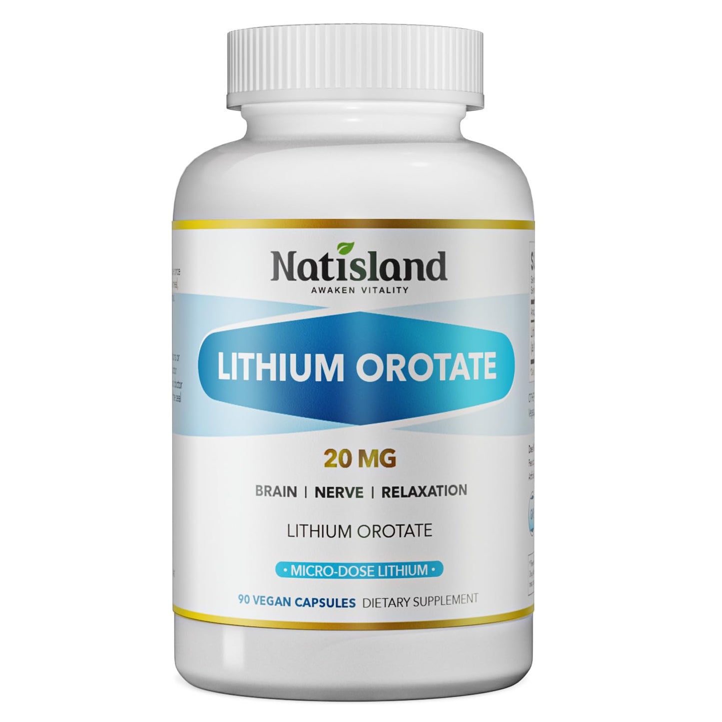 NATISLAND Lithium Orotate 20 mg Brain & Nerve Health Support Capsule, 90 Count