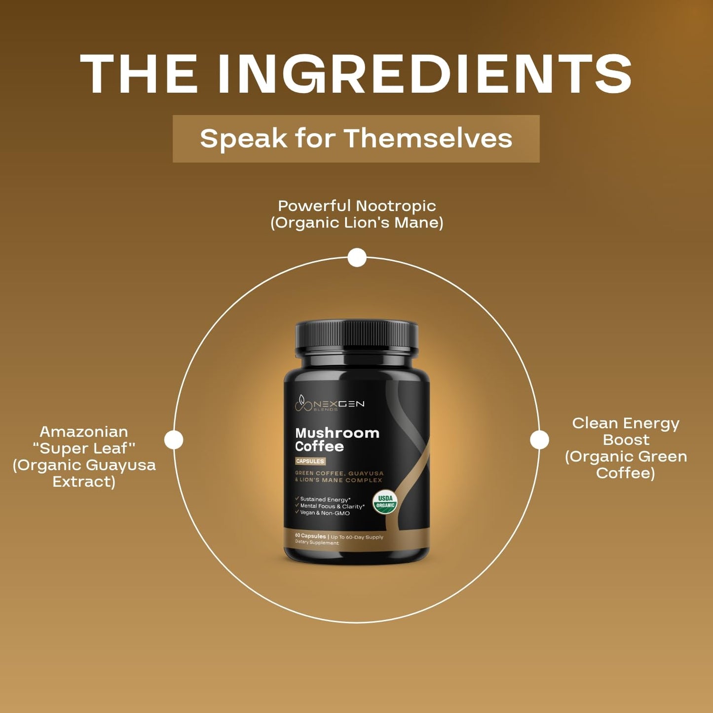 NEXGEN BLENDS 100% Organic Mushroom Coffee Capsules, 60 Capsules