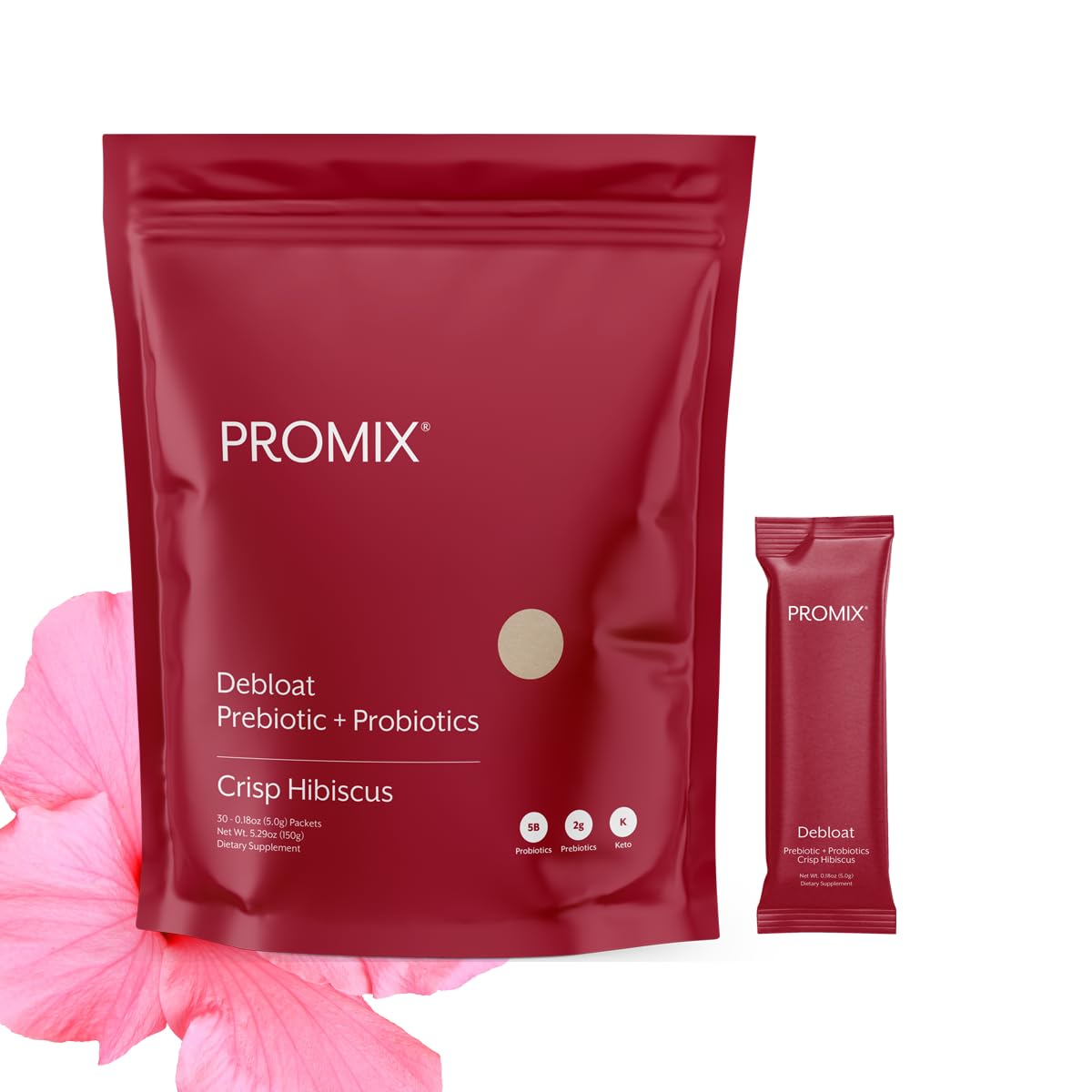 ProMix Nutrition Debloat Prebiotics and Probiotics Immune Support Supplement for Digestion, Cortisol Health, Gut Cleanse - Hibiscus Powder 30 Servings