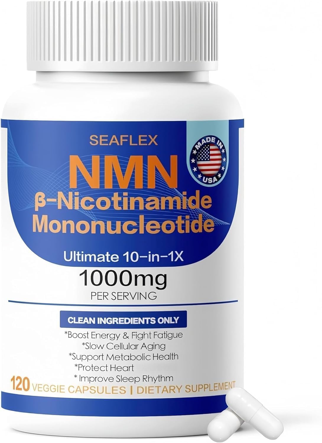 SEAFLEX NMN 1000mg Per Serving, 10-in-1 with Nicotinamide Mononucleotide, Resveratrol, CoQ10, Quercetin & Glutathione, NAD+ Precursor Stabilized NMN Supplements 1000mg, 120 Veggie Capsules