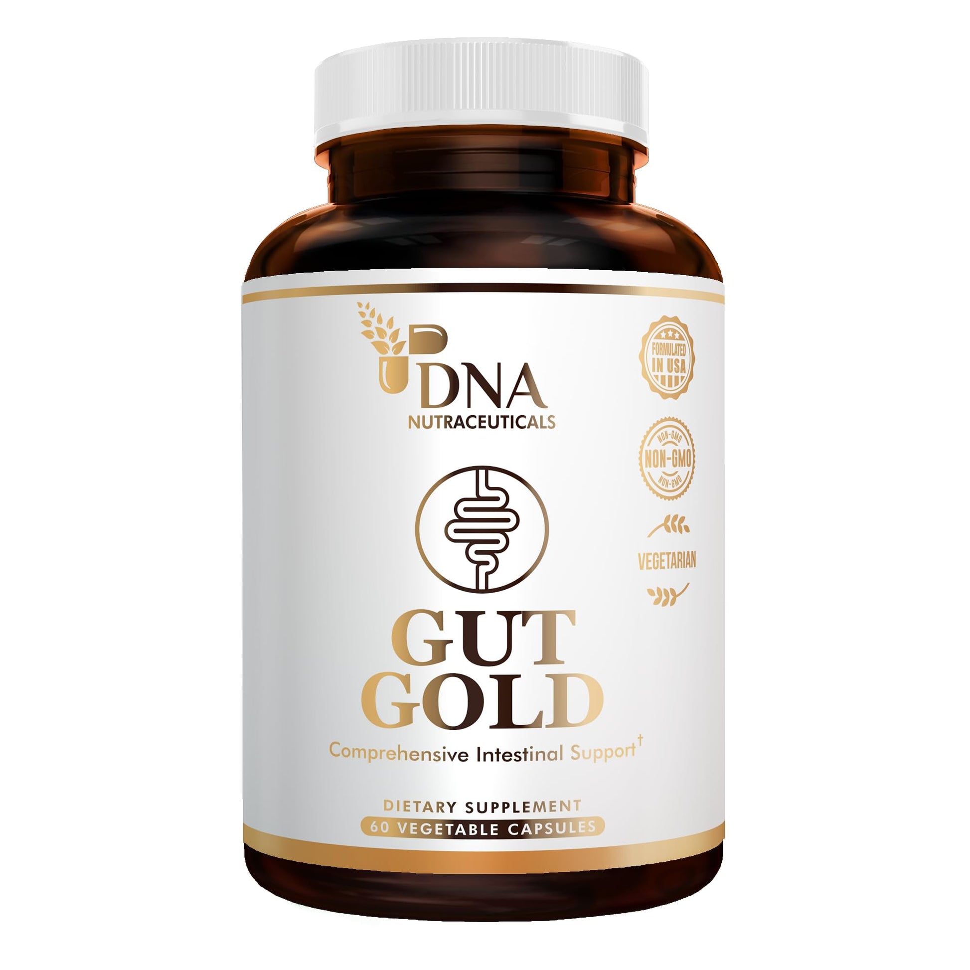 DNA Nutraceuticals GUT GOLD 5-in-1 Digestive Enzymes, Probiotics, PreForPro™, Prebiotics, Postbiotics, Yeast Fermentate & Immune Support - For Women's & Men's Gut Health - Non-GMO, Vegetarian Capsules, 60 Count