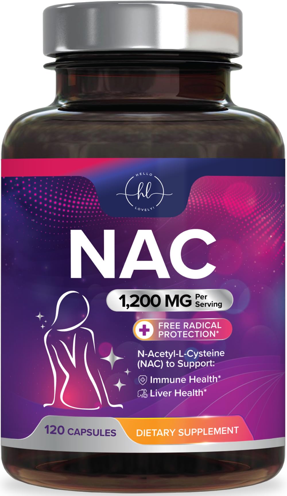 Hello Lovely! NAC Supplement 1200mg per Serving N-Acetyl-L-Cysteine Capsules, 120 Count