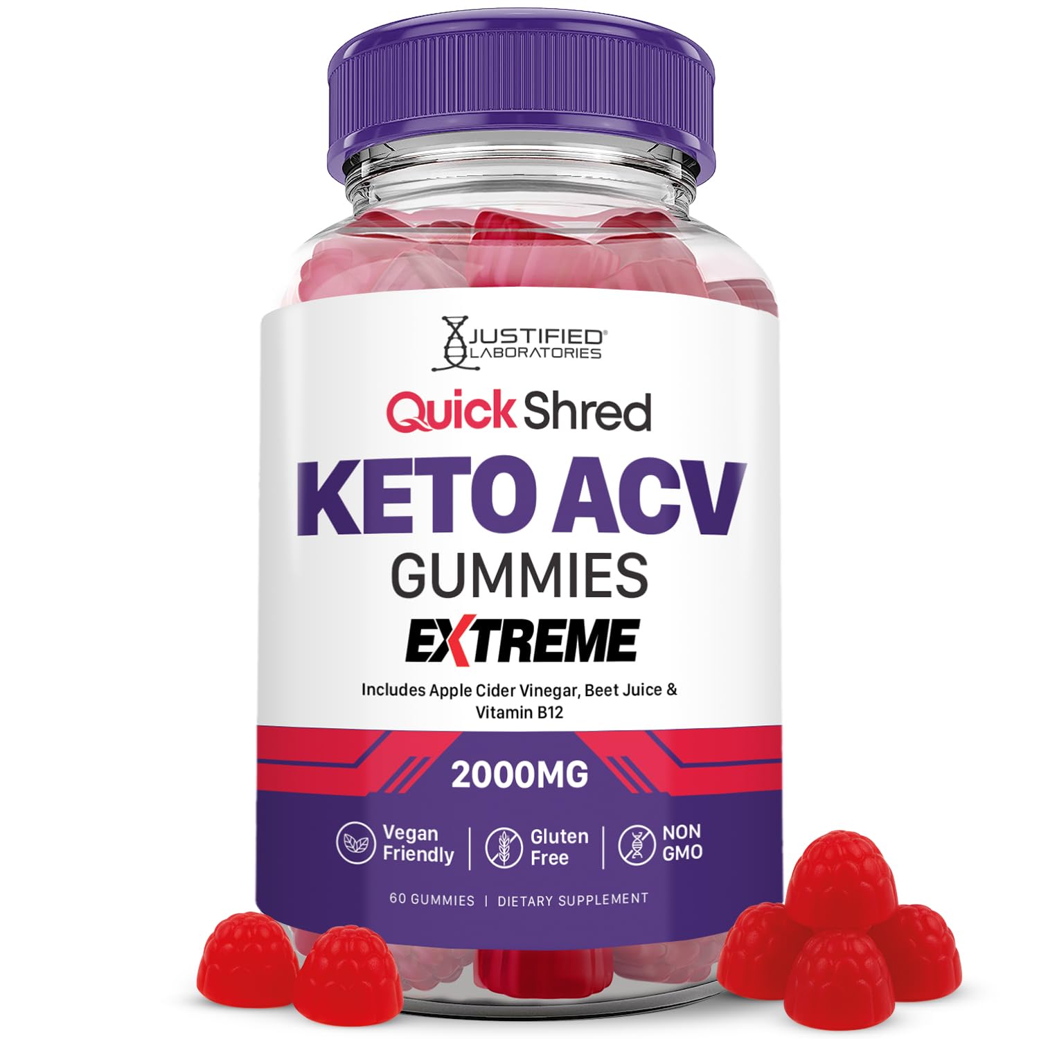 Justified Laboratories Quick Shred Keto ACV Gummies Extreme Advanced Formula 2000mg Apple Cider Vinegar Gummies with Pomegranate Beet Juice Powder & B12, Vegan, Non-GMO, 60 Gummies