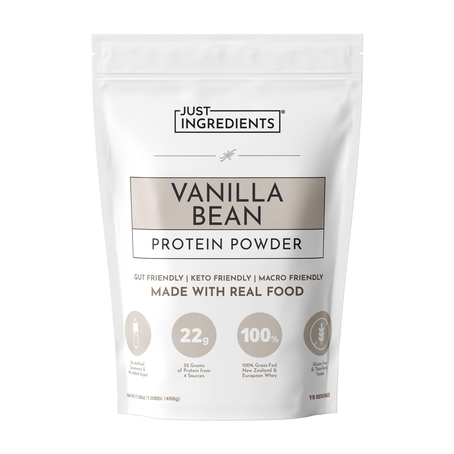 JUST INGREDIENTS Vanilla Protein Powder Grass-Fed Whey Blend, Organic, Gluten Free, Dairy Free, Soy Free, 15 Servings