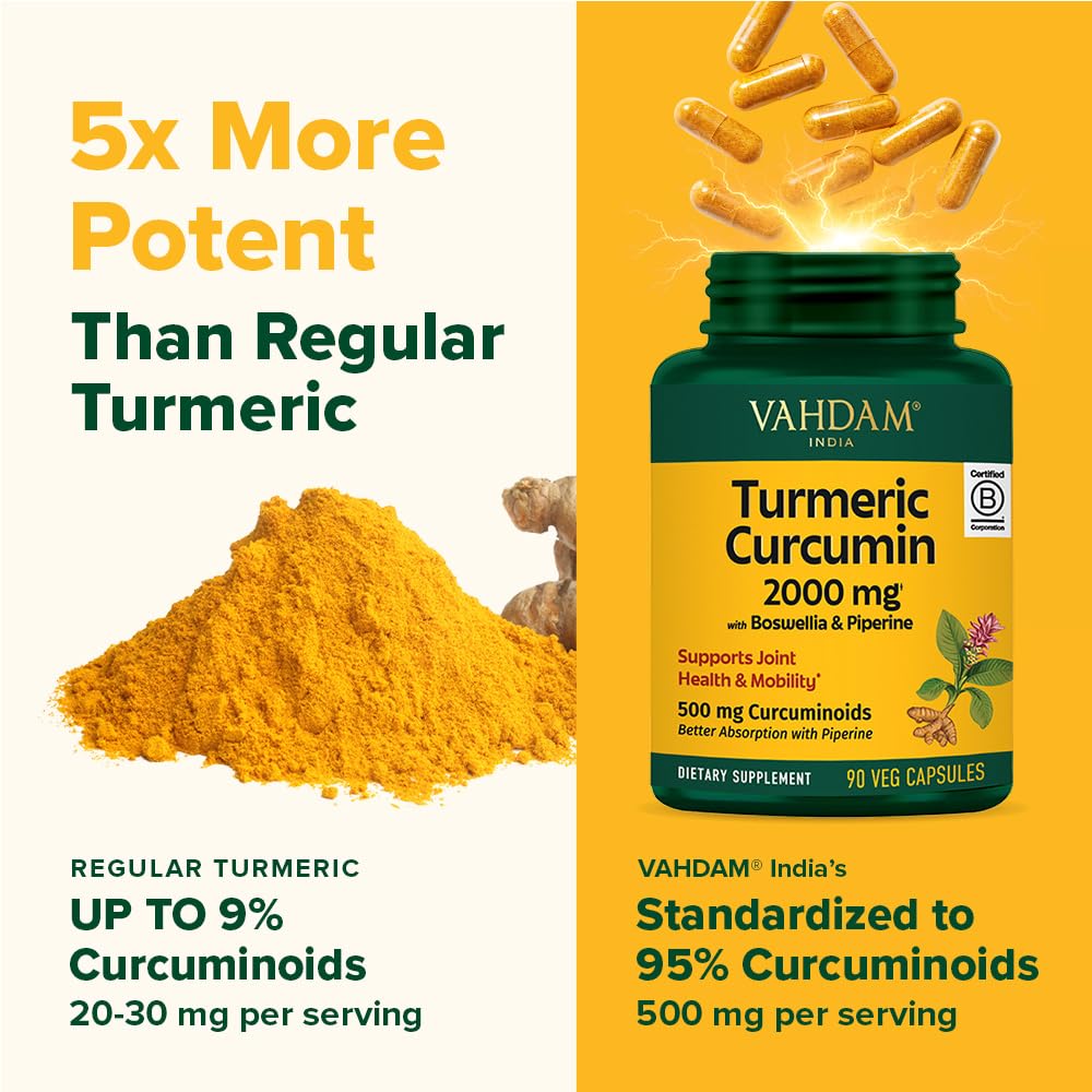 VAHDAM Turmeric Curcumin 2000mg (500mg Curcuminoids) with Boswellia & Piperine for Fast Absorption 90 Capsules
