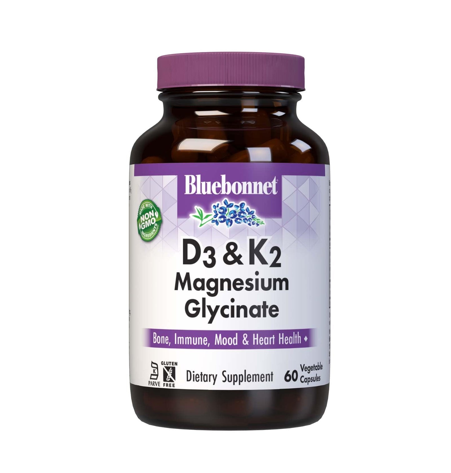 BlueBonnet Vitamin D3 50 mcg (2000 IU), K2 100 mcg, & Magnesium Glycinate 200 mg Capsules, 60 Count