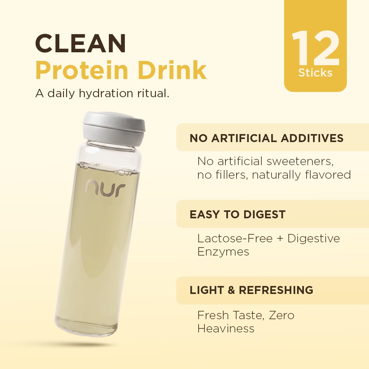 NUR Clear Whey Protein with Electrolytes, Lemon Flavor, 12 Sticks