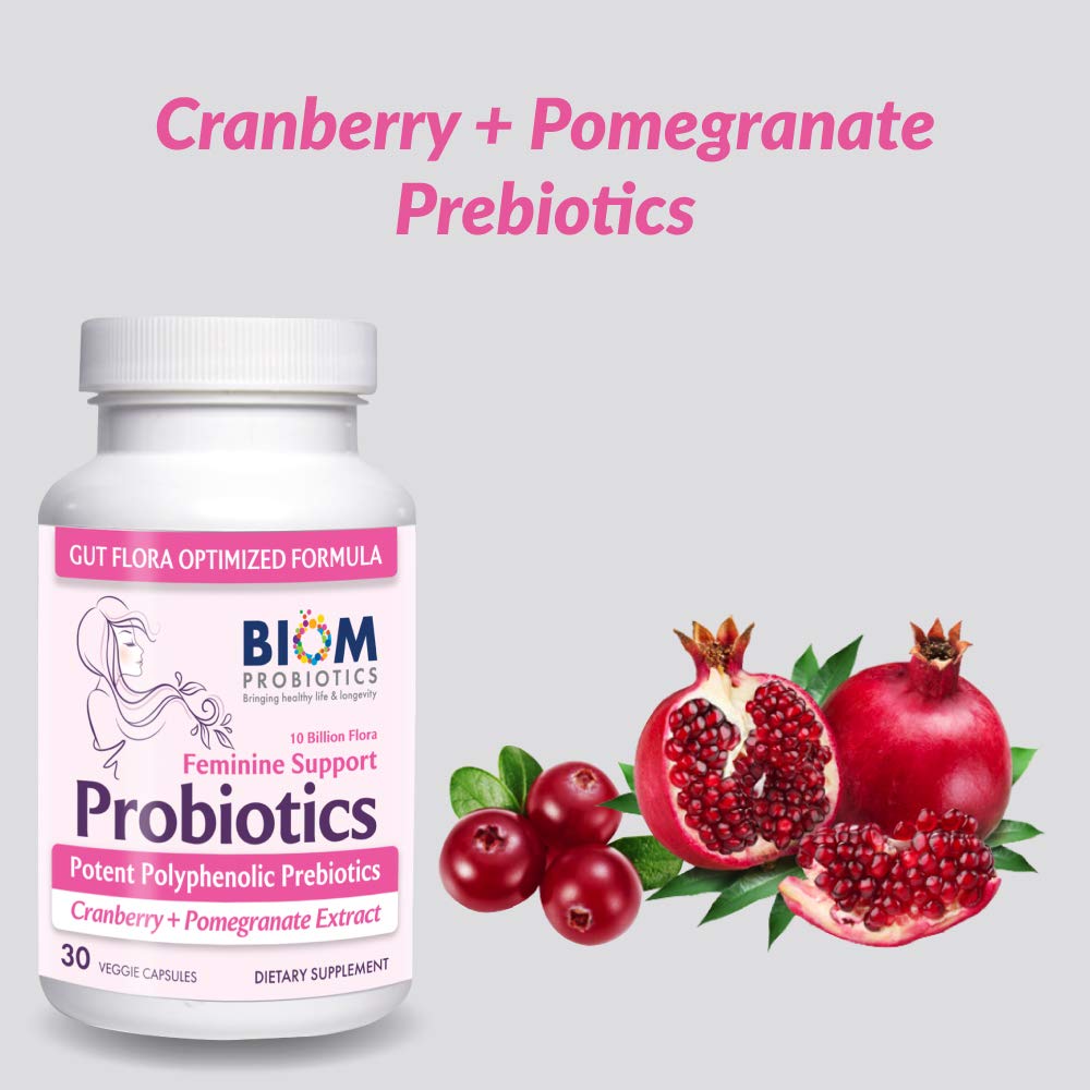 Biom Probiotics Complete Feminine Balance Women's Daily Probiotics + Prebiotics with Organic Cranberry & Pomegranate with Lactobacillus crispatus, Gluten & Dairy-Free, 30 Capsules