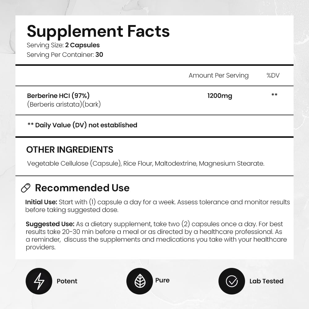 ACEWORKZ Organic Berberine HCL Supplement 1200mg 60 Capsules