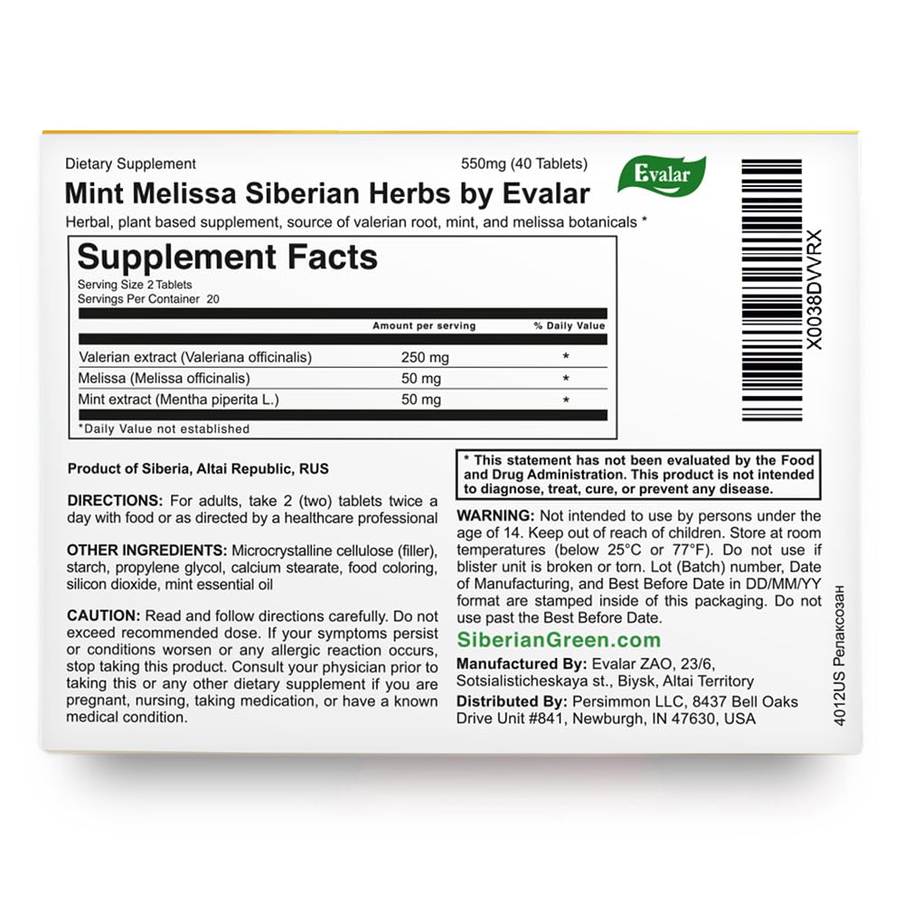 Evalar Melissa Mint Siberian Herbs Relaksozan Tablets, 40 Count