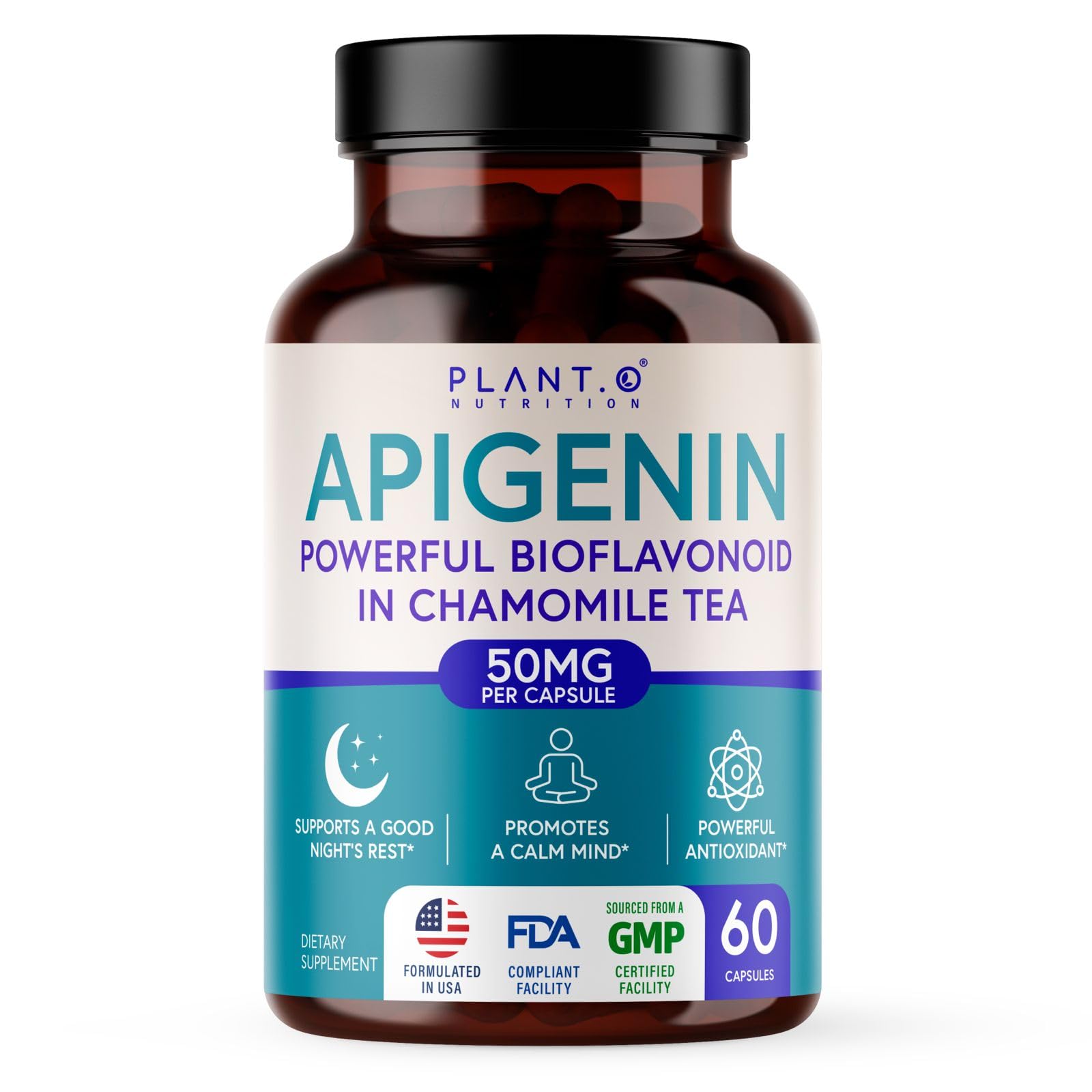 PLANT.O NUTRITION Apigenin 50mg Supplement for Sleep Support & Relaxation - Melatonin Free Bioflavonoid Capsules Found in Chamomile Tea, 60 Capsules