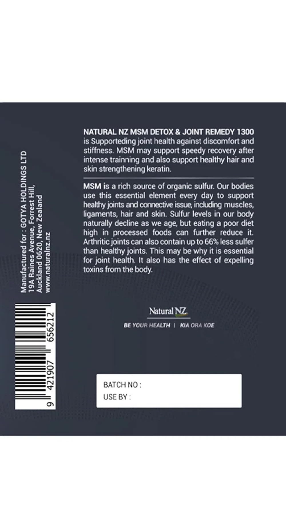 Natural NZ MSM Detox Joint Remedy 1300 Capsules, 120 Count