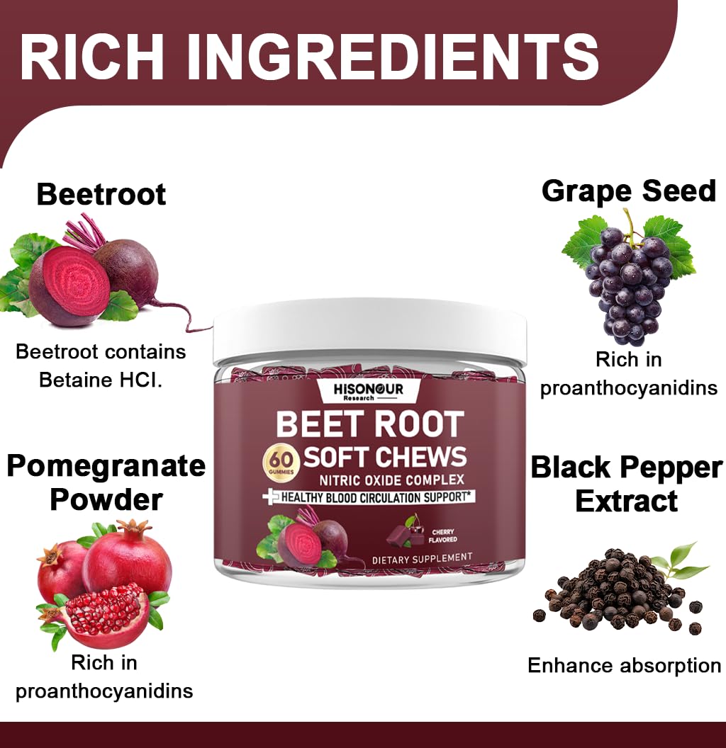 Hisonour Research Beetroot Soft Chews Chewable 60 Count