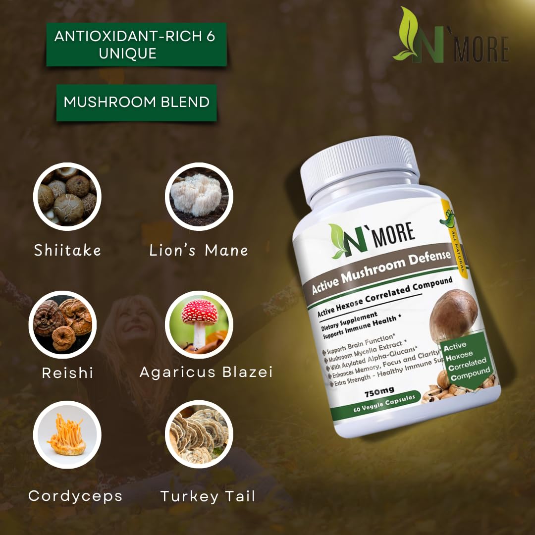 N'More Six Active Mushroom Defense Dietary Supplement Supports Immune Health, 60 Capsules