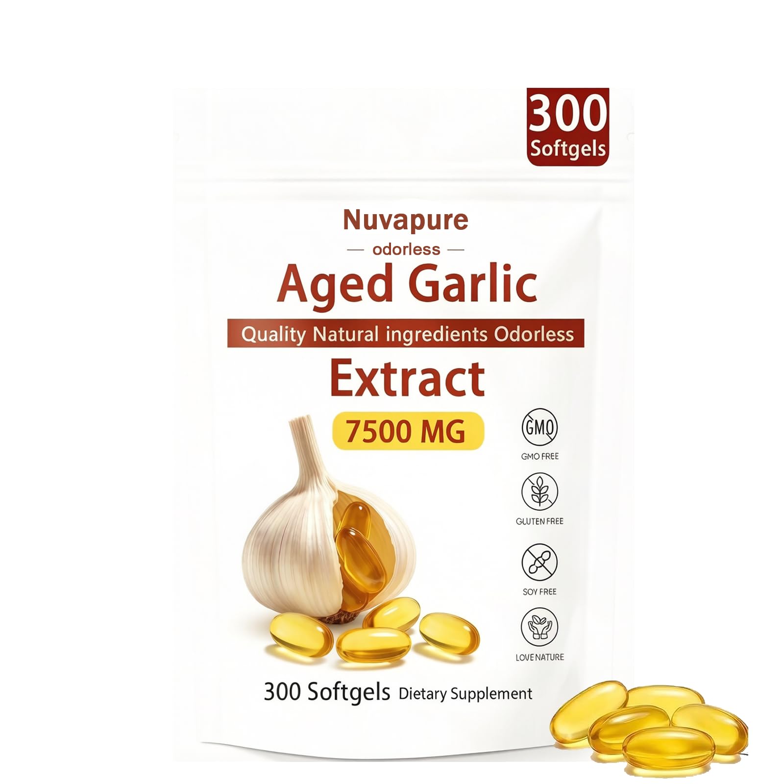 ASROPJE NuvaPure Odorless Aged Garlic Extract 7500 mg Softgel, 300 Count