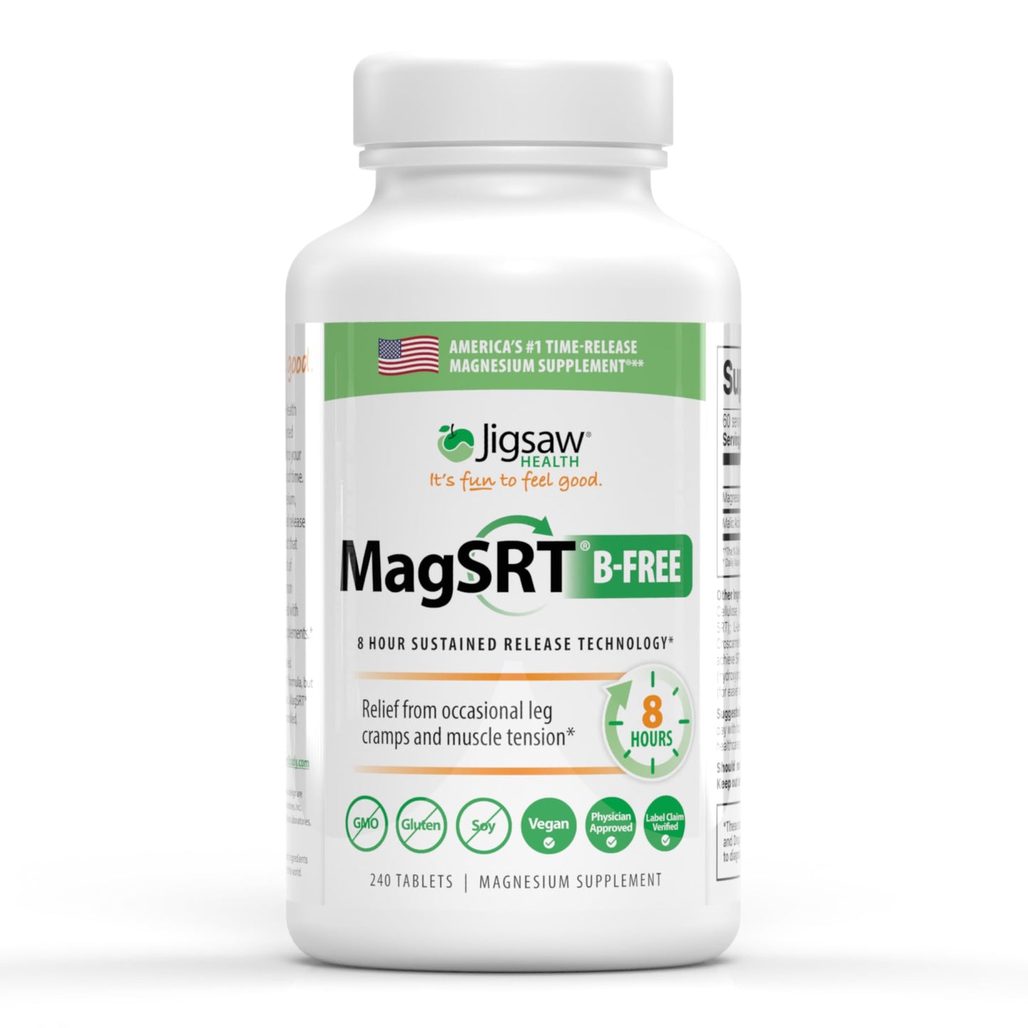 Jigsaw Health MagSRT (B-Free) Premium Slow Release Magnesium Supplement, Active Magnesium Malate Tablets, 240 Tablets