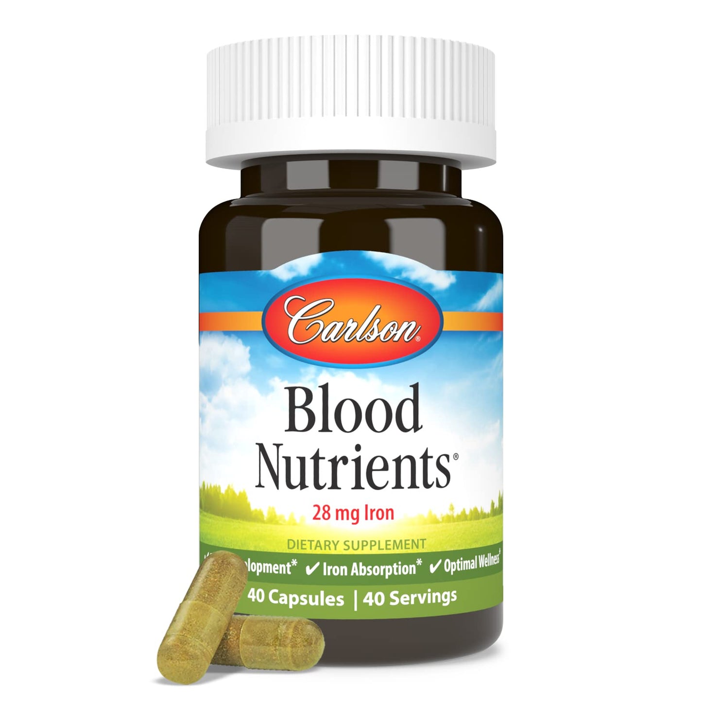 Carlson Blood Nutrients 28 mg Iron, Blood Development, Iron Absorption & Optimal Wellness, 40 Capsules