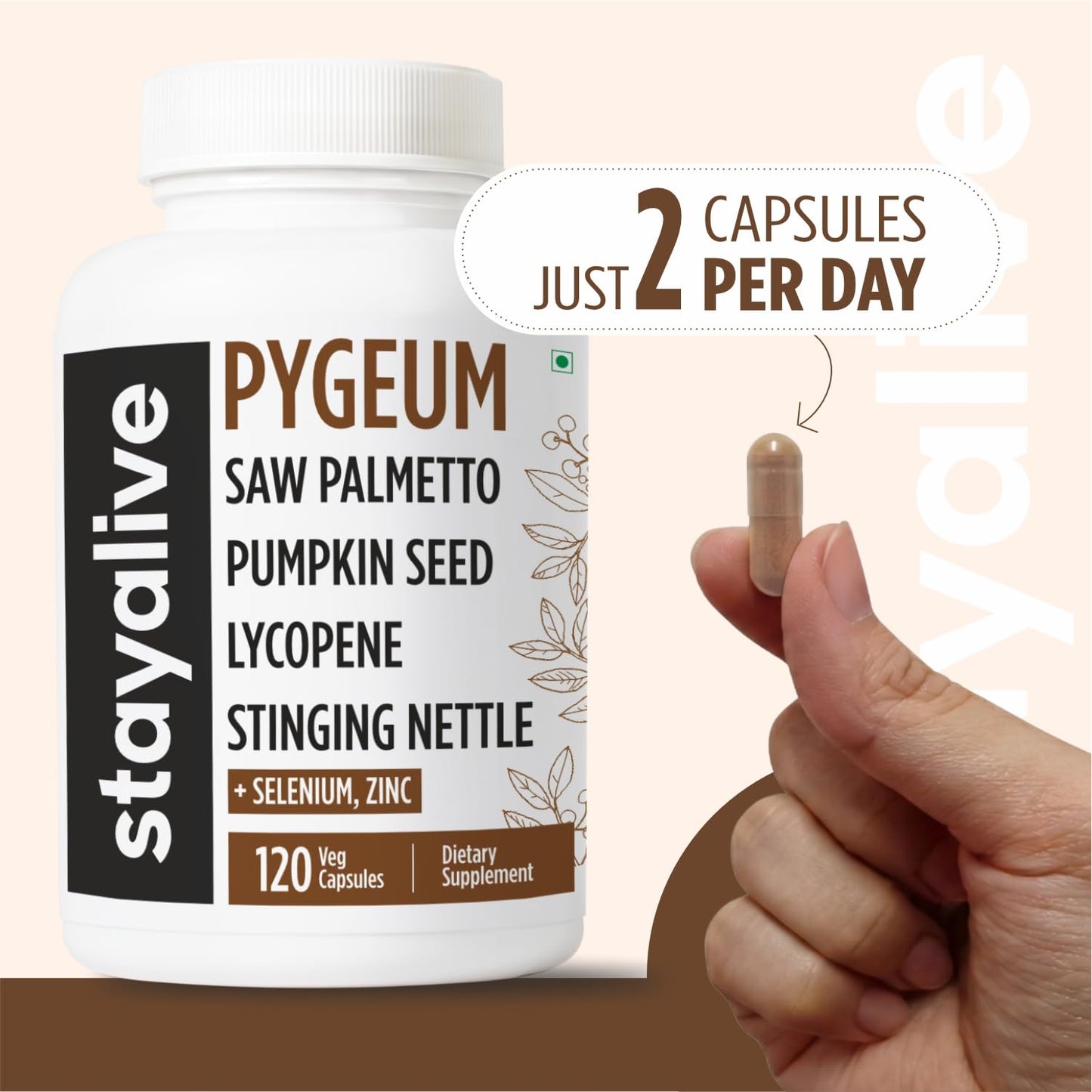 STAY ALIVE Pygeum Africanum Supplement 7-in-1 Extract with Saw Palmetto, Pumpkin Seed, Stinging Nettle and Lycopene Capsule, 120 Count
