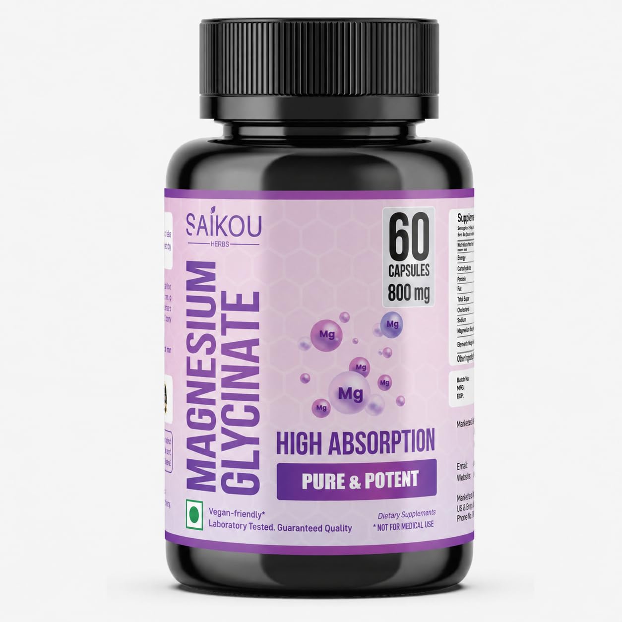 SAIKOU HERBS Chelated Magnesium Glycinate 800mg Capsule, 60 Count