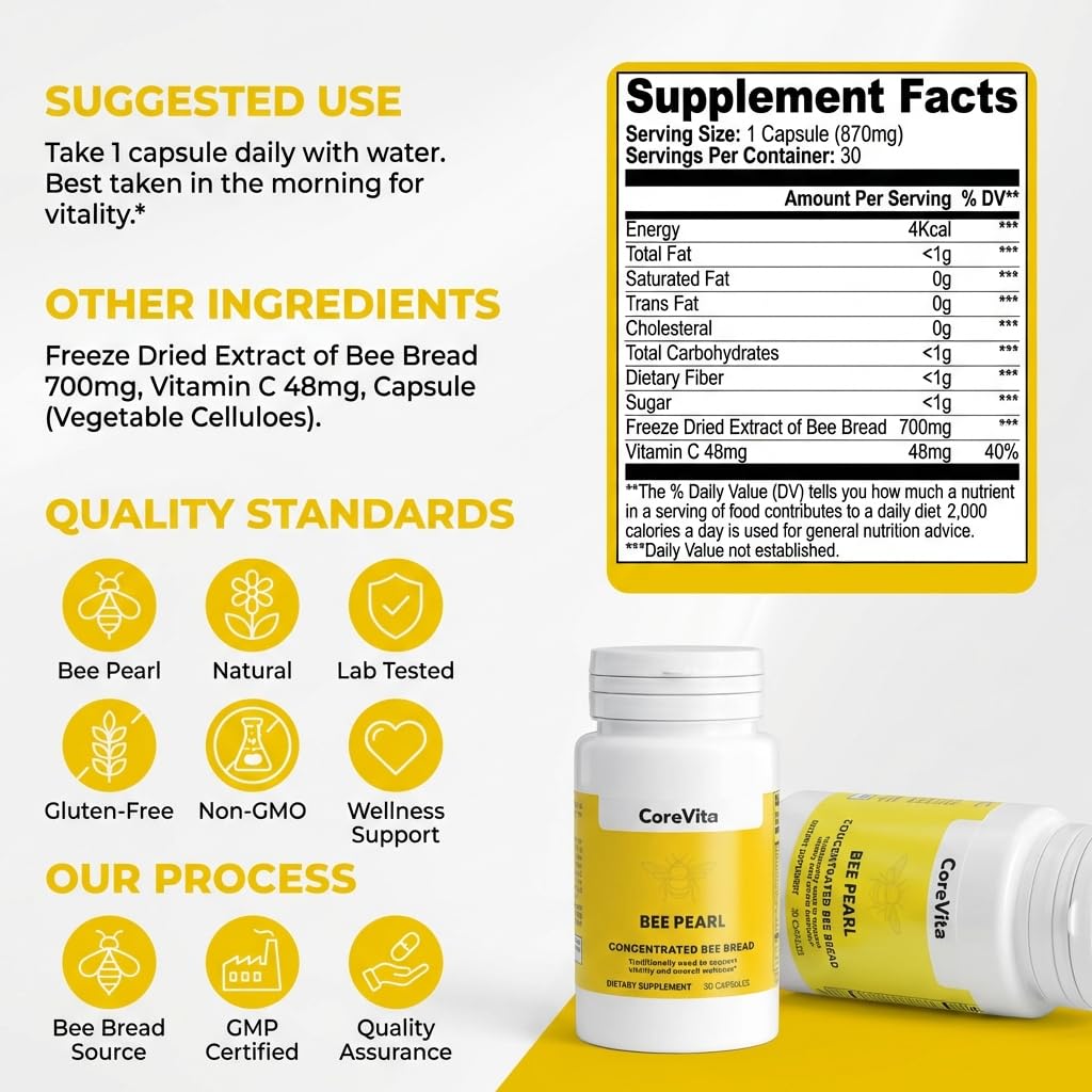 CoreVita Bee Pearl Capsules – Freeze-Dried Bee Bread Supplement for Energy, Immunity & Vitality Support – Natural Superfood, Non-GMO, 30 Capsules