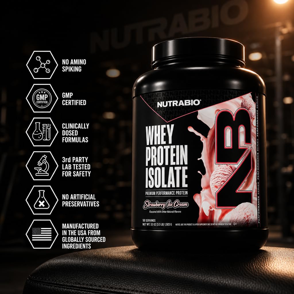 NutraBio 100% Whey Protein Isolate Powder, Strawberry Ice Cream, 80 Servings