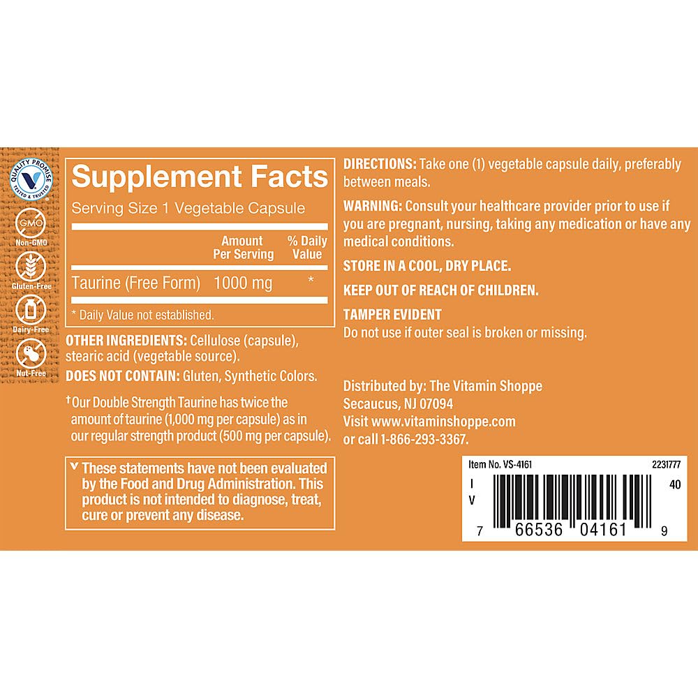 The Vitamin Shoppe Double Strength Taurine Cardiovascular Nervous System Capsule, 100 Count