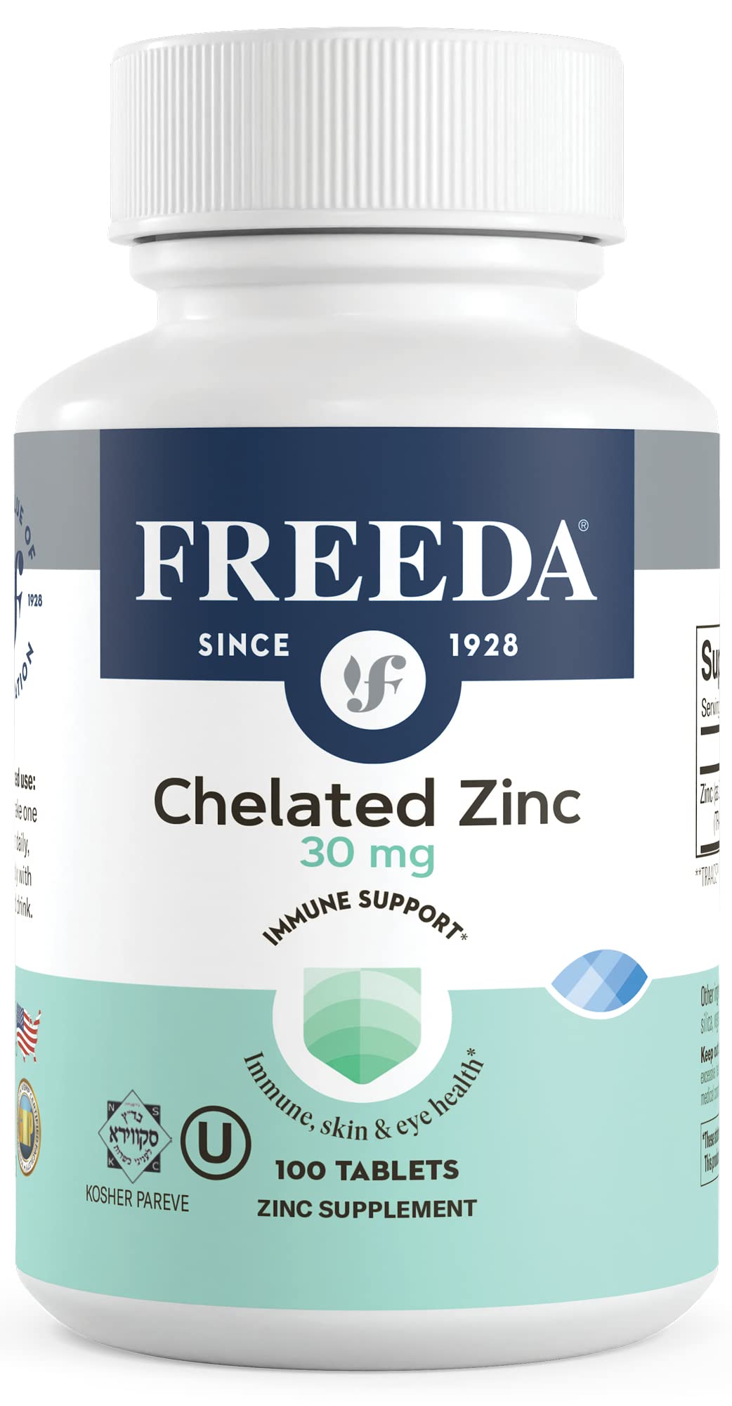 FREEDA Chelated Zinc 30mg – TRAACS® Zinc Bisglycinate for High Absorption – Vegan, Kosher, Gentle on Stomach – Immune Support for Adults, Men & Women – 100 Tablets