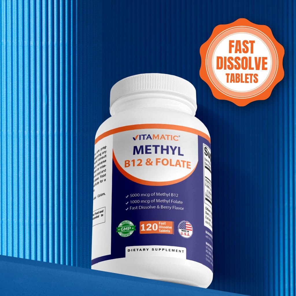 Vitamatic Methyl Folate & B12 Supplement with Pyridoxal 5 Phosphate (P-5-P) - Promotes Cardiovascular Health & Energy Metabolism, Tablets, 120