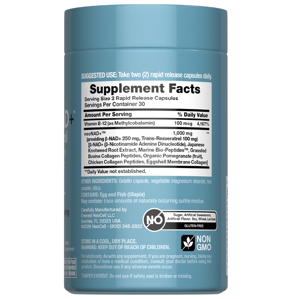 NeoCell NAD+ Resveratrol Supplement with Multi Collagen Bio-Peptides, 1,000mg, 60 Capsules