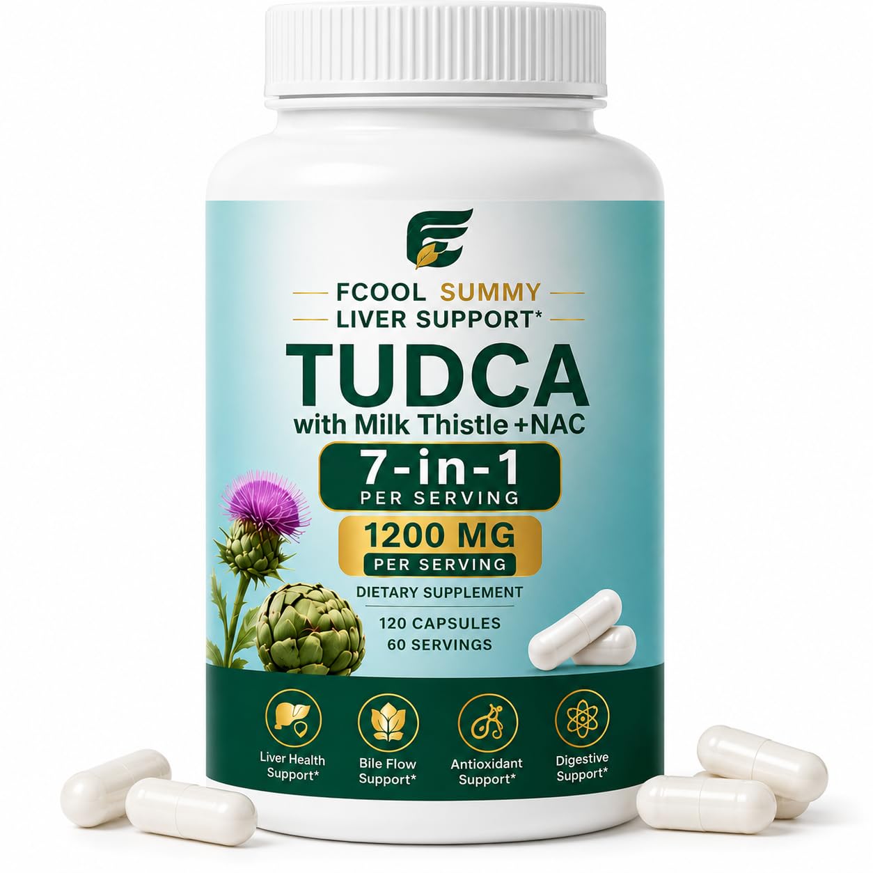 FCOOLSUMMY TUDCA 1200mg with Milk Thistle & NAC 7-in-1 Liver Support Capsule, 120 Count