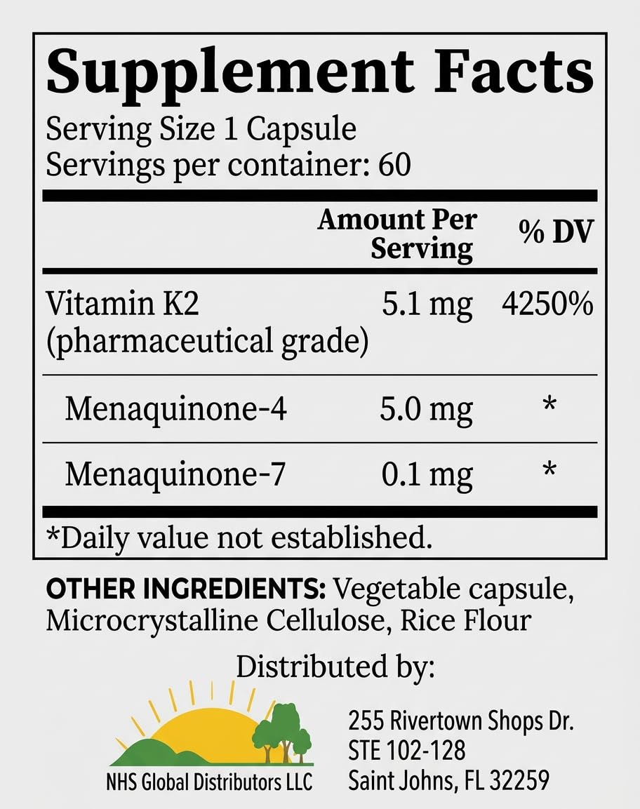 vK2 Vitamin Supplement MK-4 + MK-7 Capsule 60 Count
