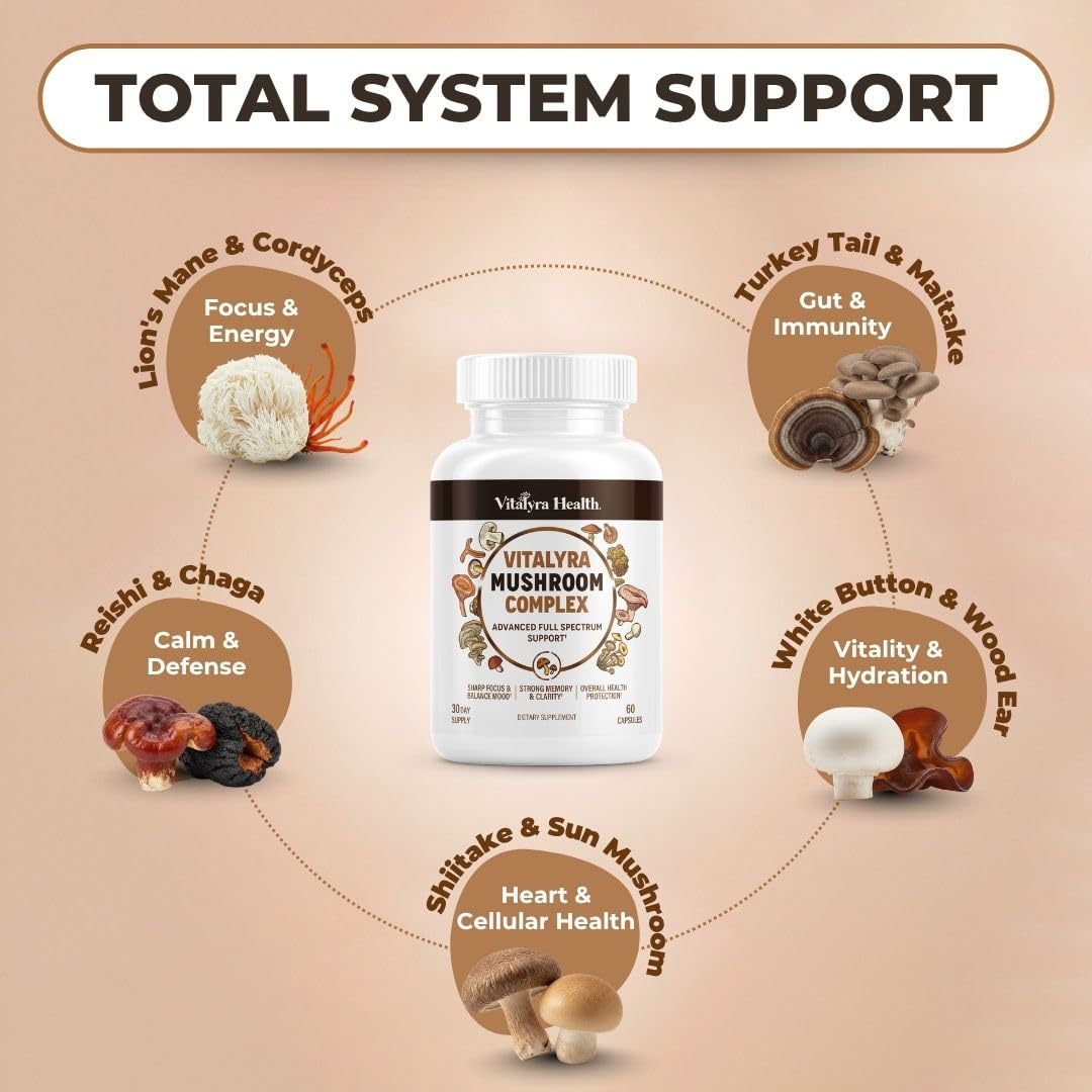 Vitalyra Health 10-in-1 Mushroom Supplement Complex Capsules, 60 Count