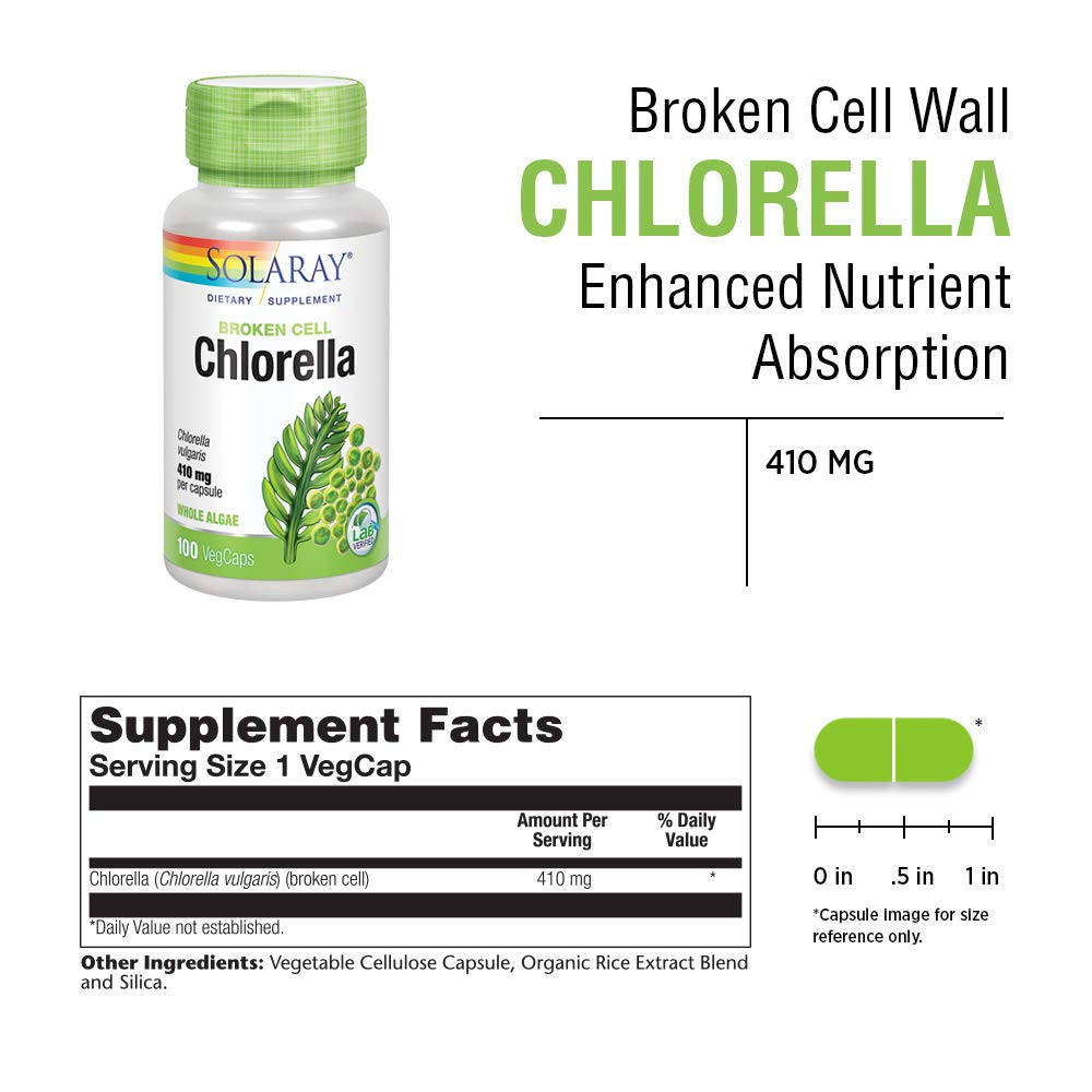 Solaray Broken Cell Chlorella 410 mg Capsules, 100 VegCaps