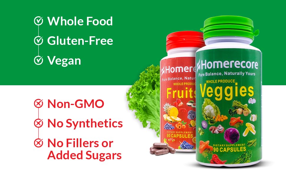 HOMERECORE Whole Food Fruits & Veggies Supplement Capsules, 180 Count