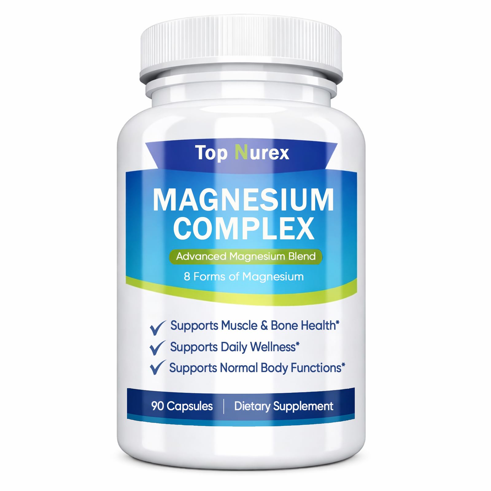 Kunnozz Top Nurex Magnesium Complex 1000 mg, 8-Source Magnesium Blend with Glycinate, Citrate, Malate & Taurate, Vegan Non-GMO Formula, 90 Capsules